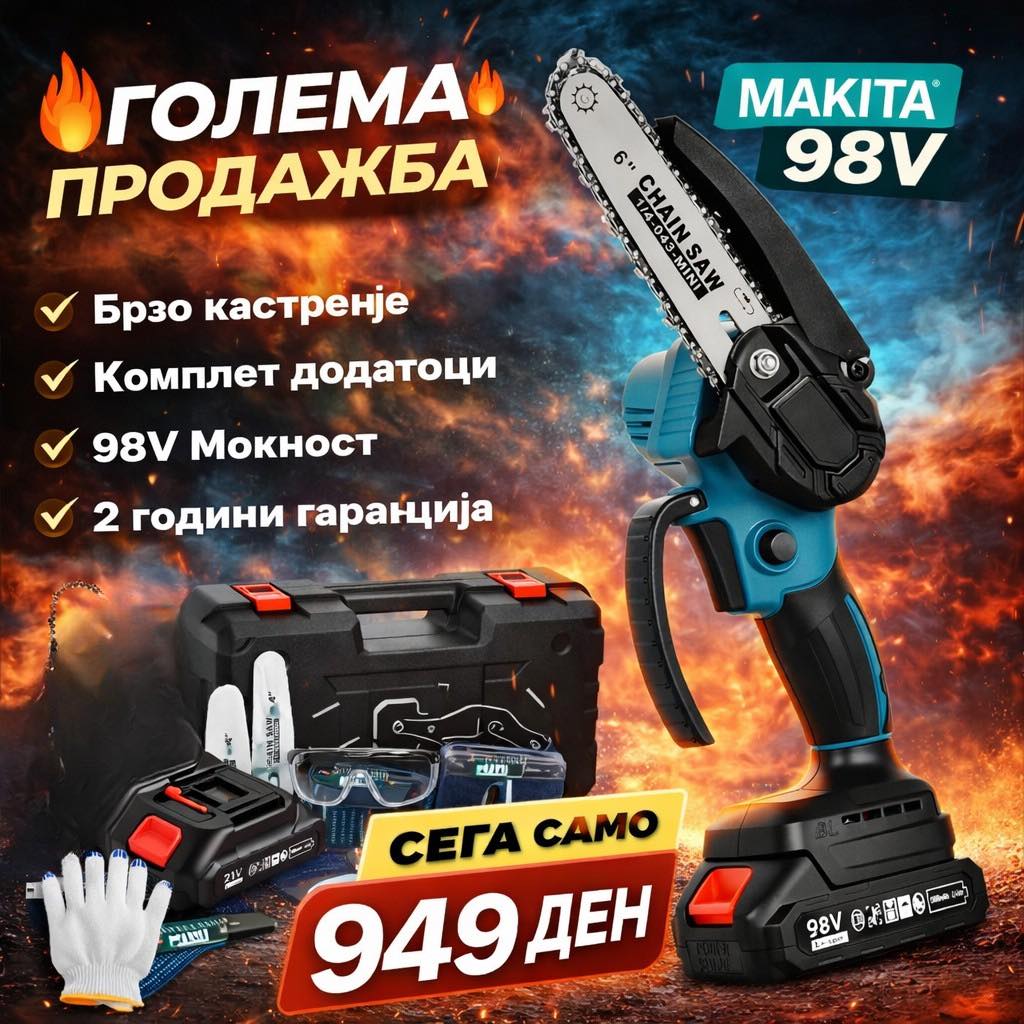 Makita 98V Безжична Мини Моторна Пила – Комплет со Додатоци